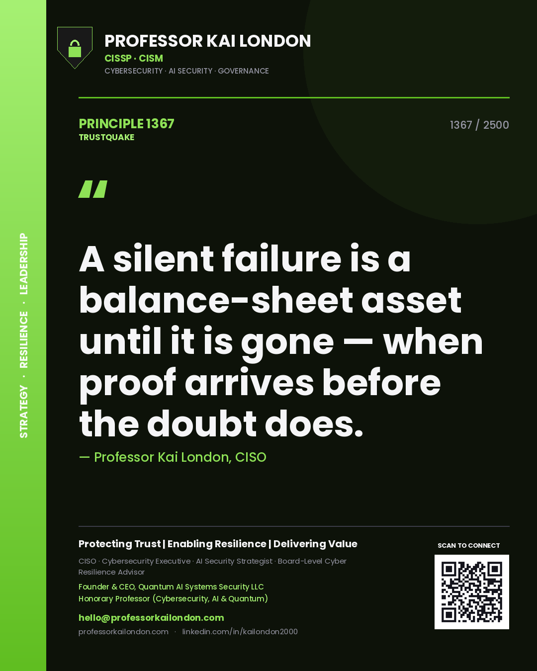 Quote card by Professor Kai London reading 'A silent failure is a balance-sheet asset until it is gone — when proof arrives before the doubt does.'. From the book Trustquake.