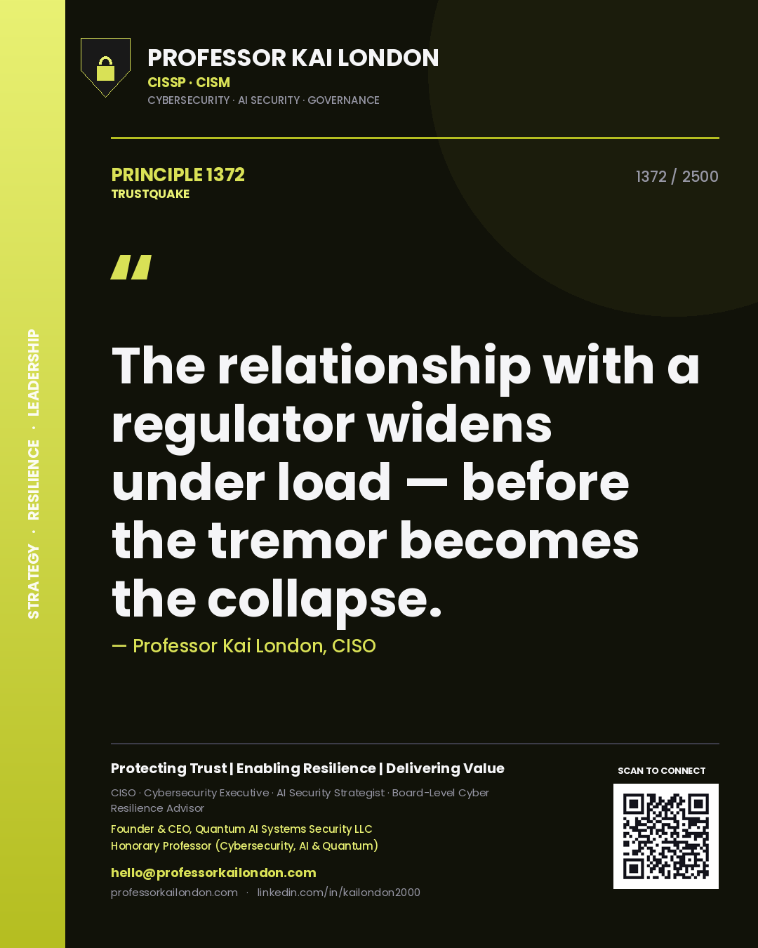 Professor Kai London principle 1372: The relationship with a regulator widens under load — before the tremor becomes the collapse.