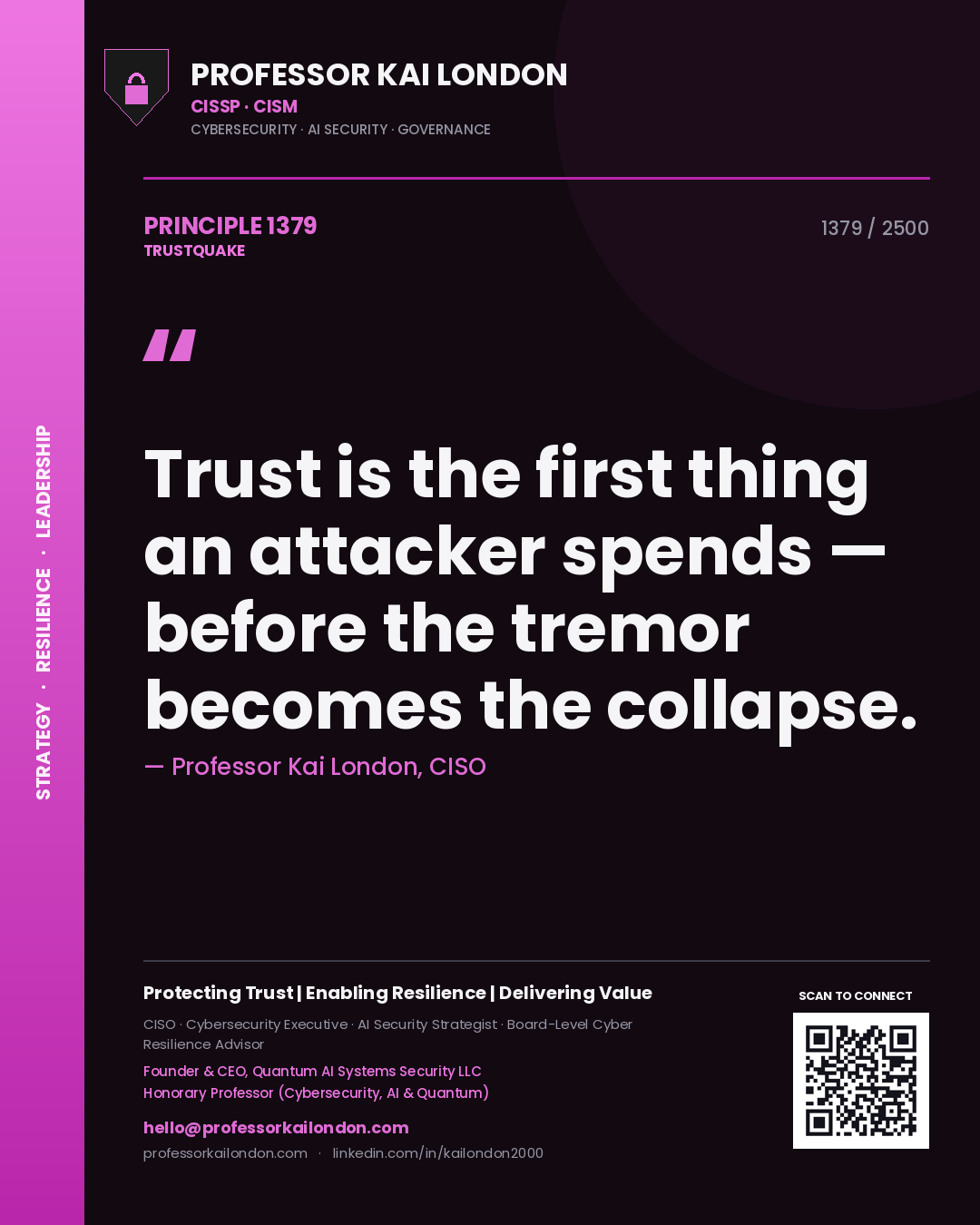 Quote card by Professor Kai London reading 'Trust is the first thing an attacker spends — before the tremor becomes the collapse.'. From the book Trustquake.