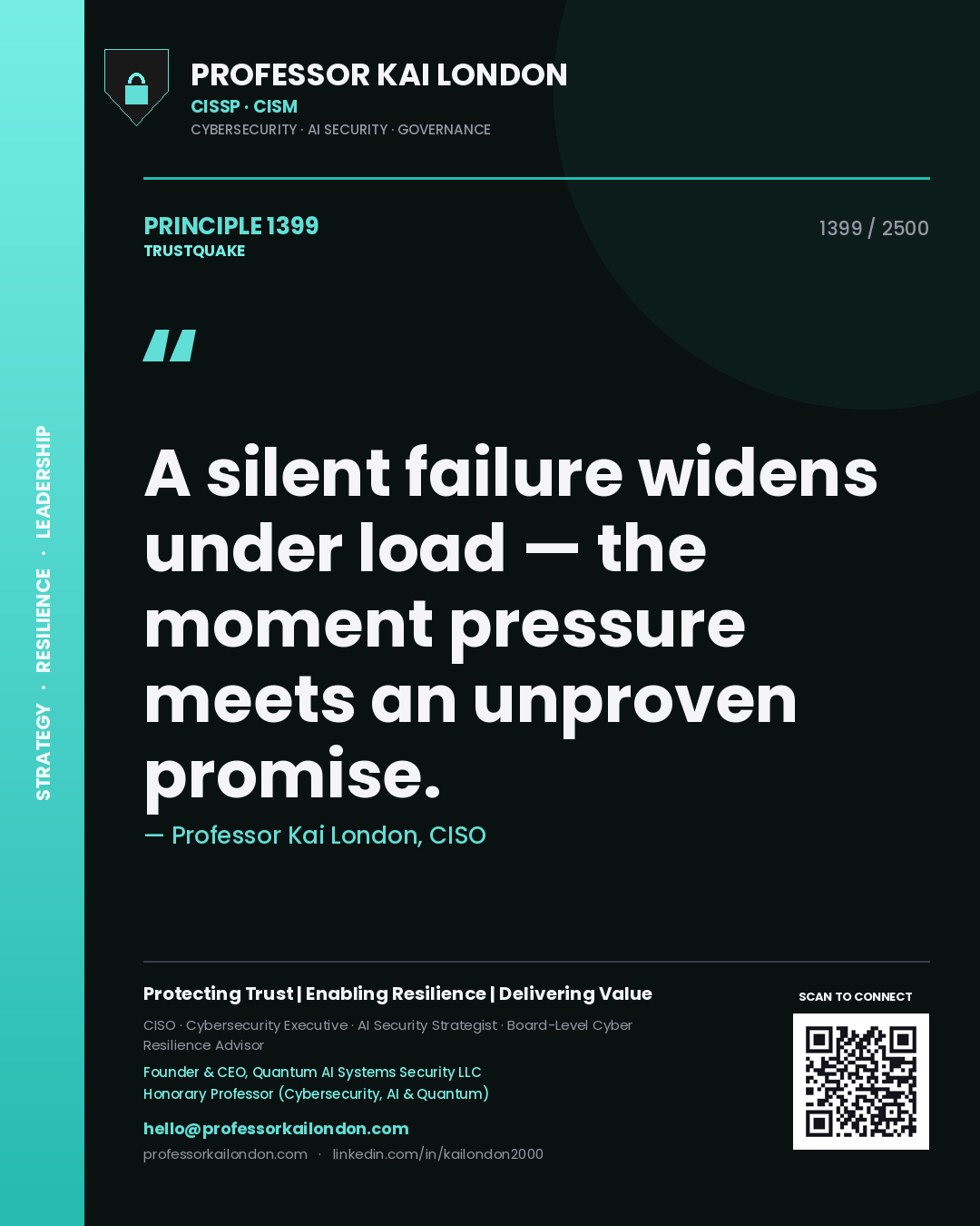 Quote card by Professor Kai London reading 'A silent failure widens under load — the moment pressure meets an unproven promise.'. From the book Trustquake.