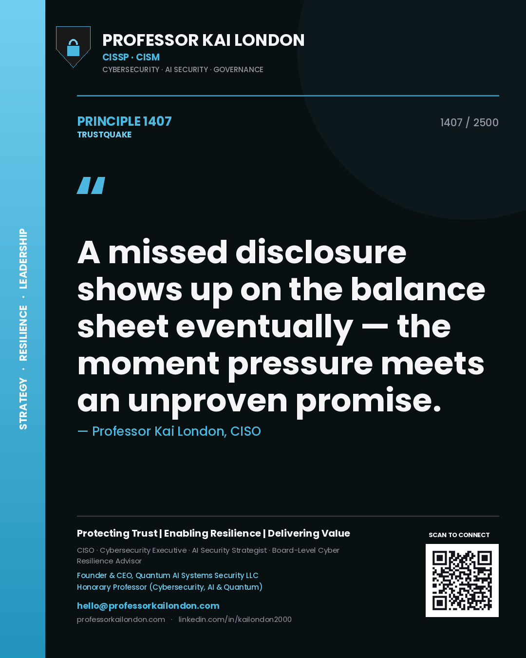 Quote card by Professor Kai London reading 'A missed disclosure shows up on the balance sheet eventually — the moment pressure meets an unproven promise.'. From the book Trustquake.