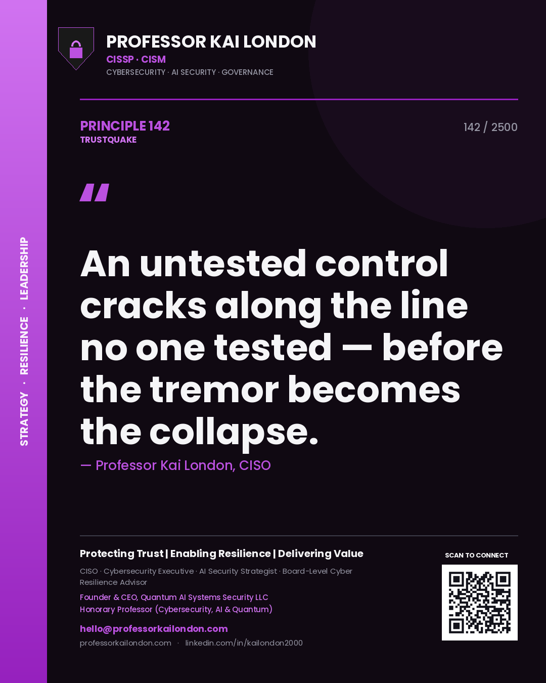 Quote card by Professor Kai London reading 'An untested control cracks along the line no one tested — before the tremor becomes the collapse.'. From the book Trustquake.