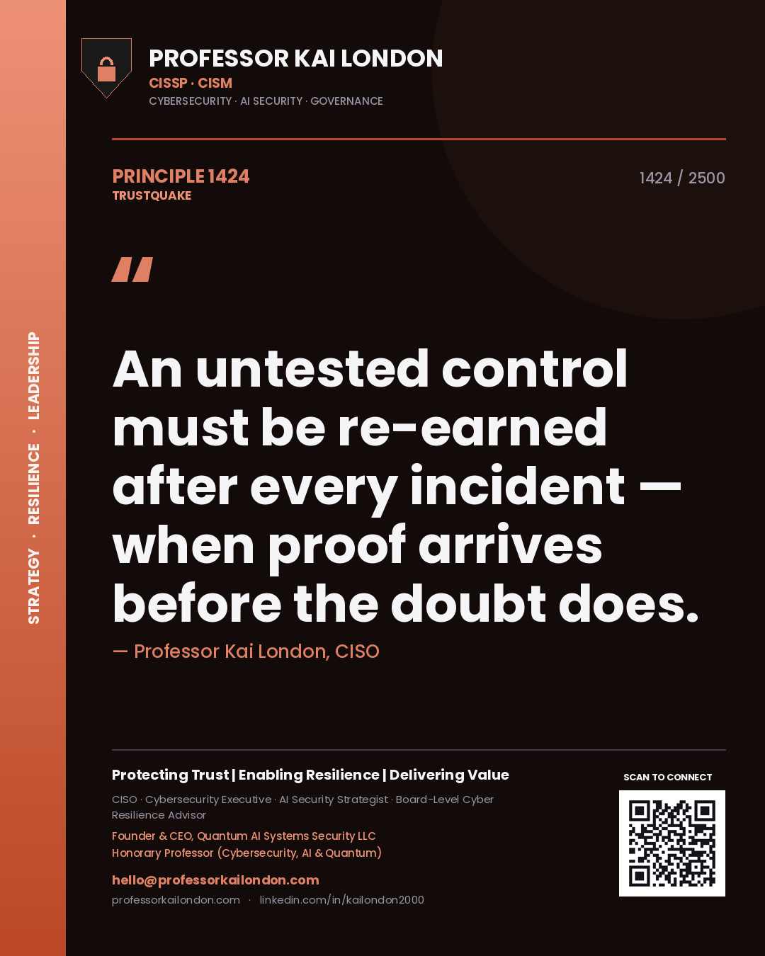 Professor Kai London principle 1424: An untested control must be re-earned after every incident — when proof arrives before the doubt does.