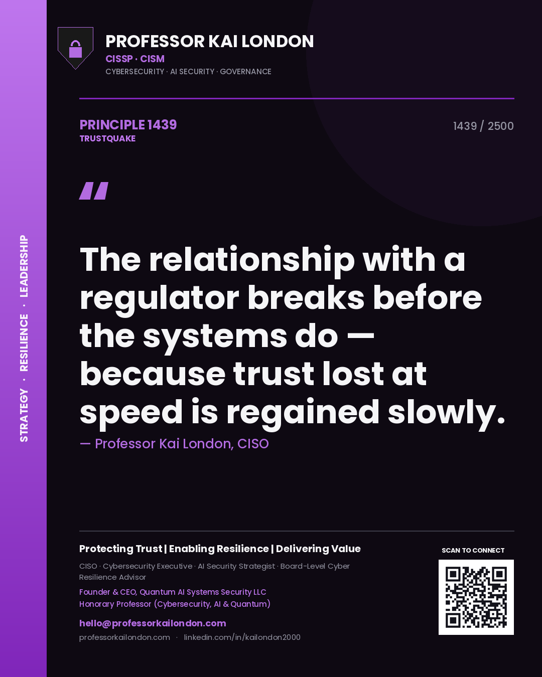 Professor Kai London principle 1439: The relationship with a regulator breaks before the systems do — because trust lost at speed is regained slowly.