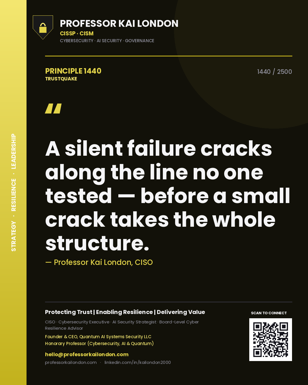 Professor Kai London principle 1440: A silent failure cracks along the line no one tested — before a small crack takes the whole structure.