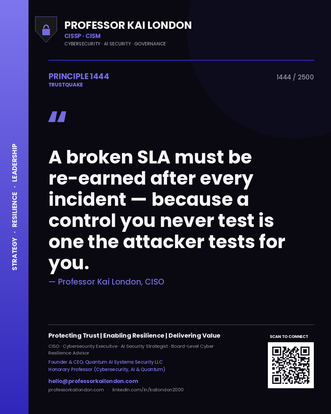 Quote card by Professor Kai London reading 'A broken SLA must be re-earned after every incident — because a control you never test is one the attacker tests for you.'. From the book Trustquake.