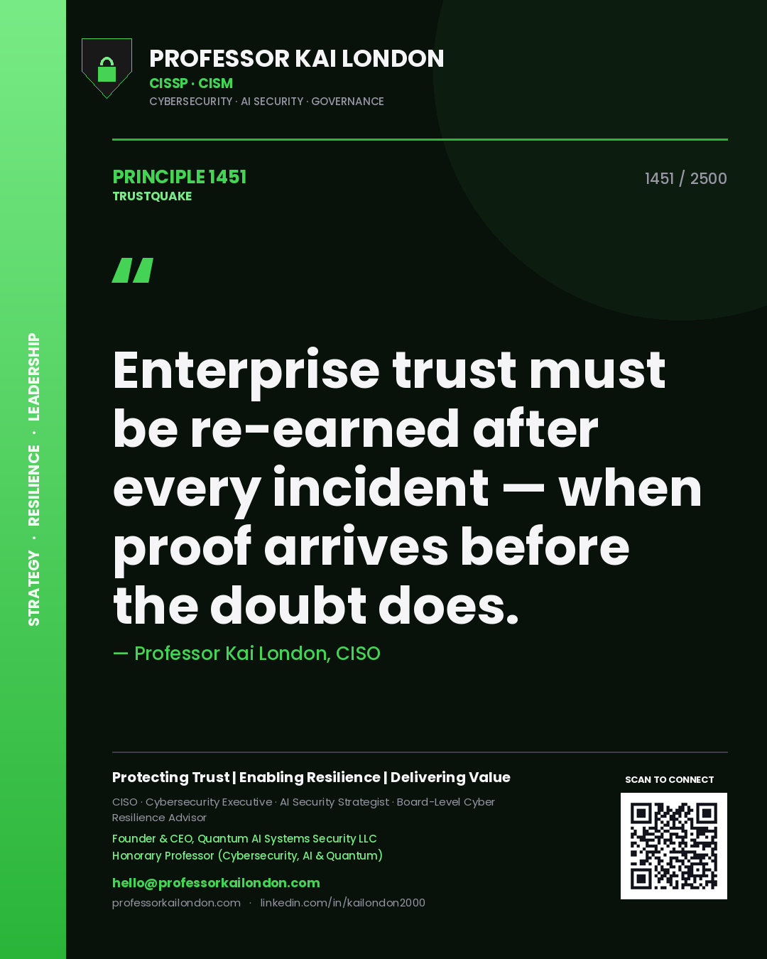 Quote card by Professor Kai London reading 'Enterprise trust must be re-earned after every incident — when proof arrives before the doubt does.'. From the book Trustquake.
