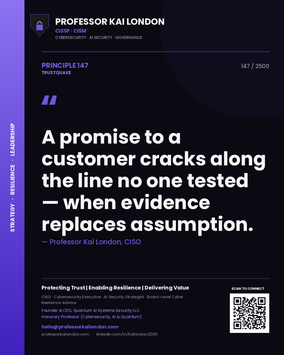 Quote card by Professor Kai London reading 'A promise to a customer cracks along the line no one tested — when evidence replaces assumption.'. From the book Trustquake.