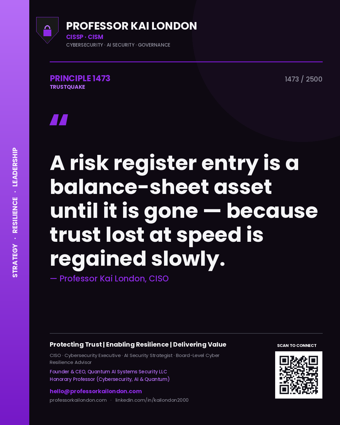 Professor Kai London principle 1473: A risk register entry is a balance-sheet asset until it is gone — because trust lost at speed is regained slowly.