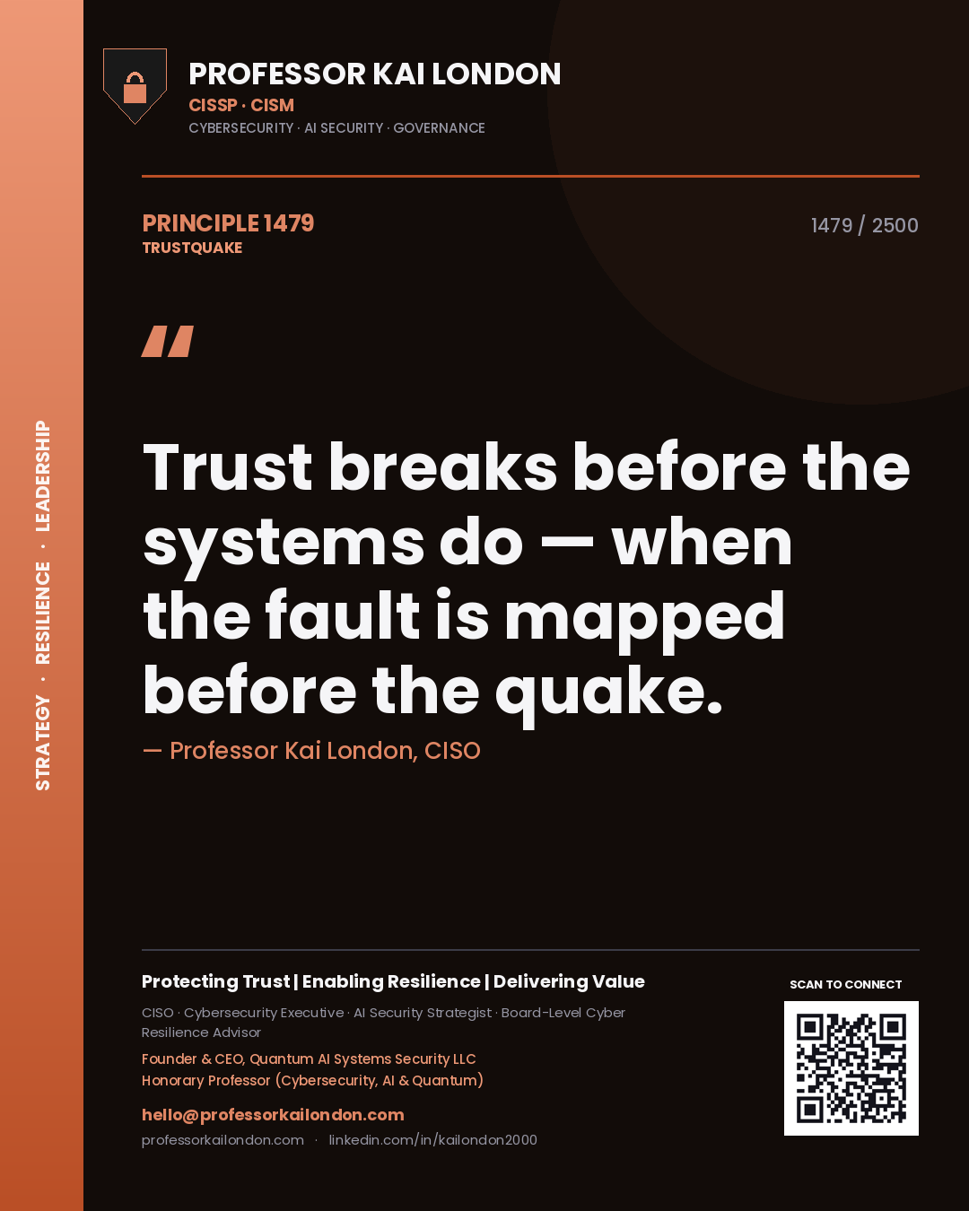 Quote card by Professor Kai London reading 'Trust breaks before the systems do — when the fault is mapped before the quake.'. From the book Trustquake.