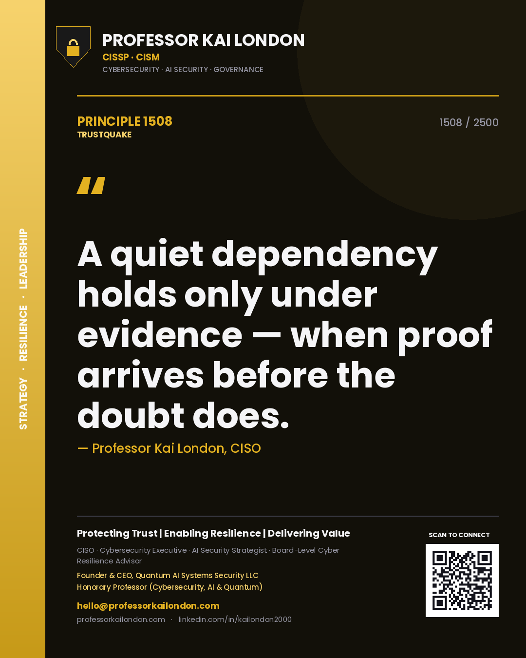 Quote card by Professor Kai London reading 'A quiet dependency holds only under evidence — when proof arrives before the doubt does.'. From the book Trustquake.