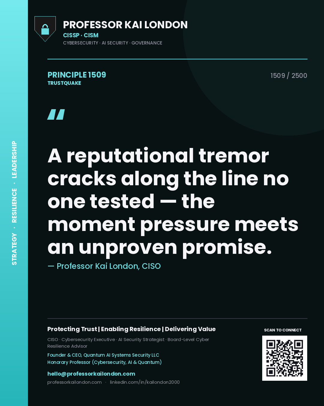 Quote card by Professor Kai London reading 'A reputational tremor cracks along the line no one tested — the moment pressure meets an unproven promise.'. From the book Trustquake.