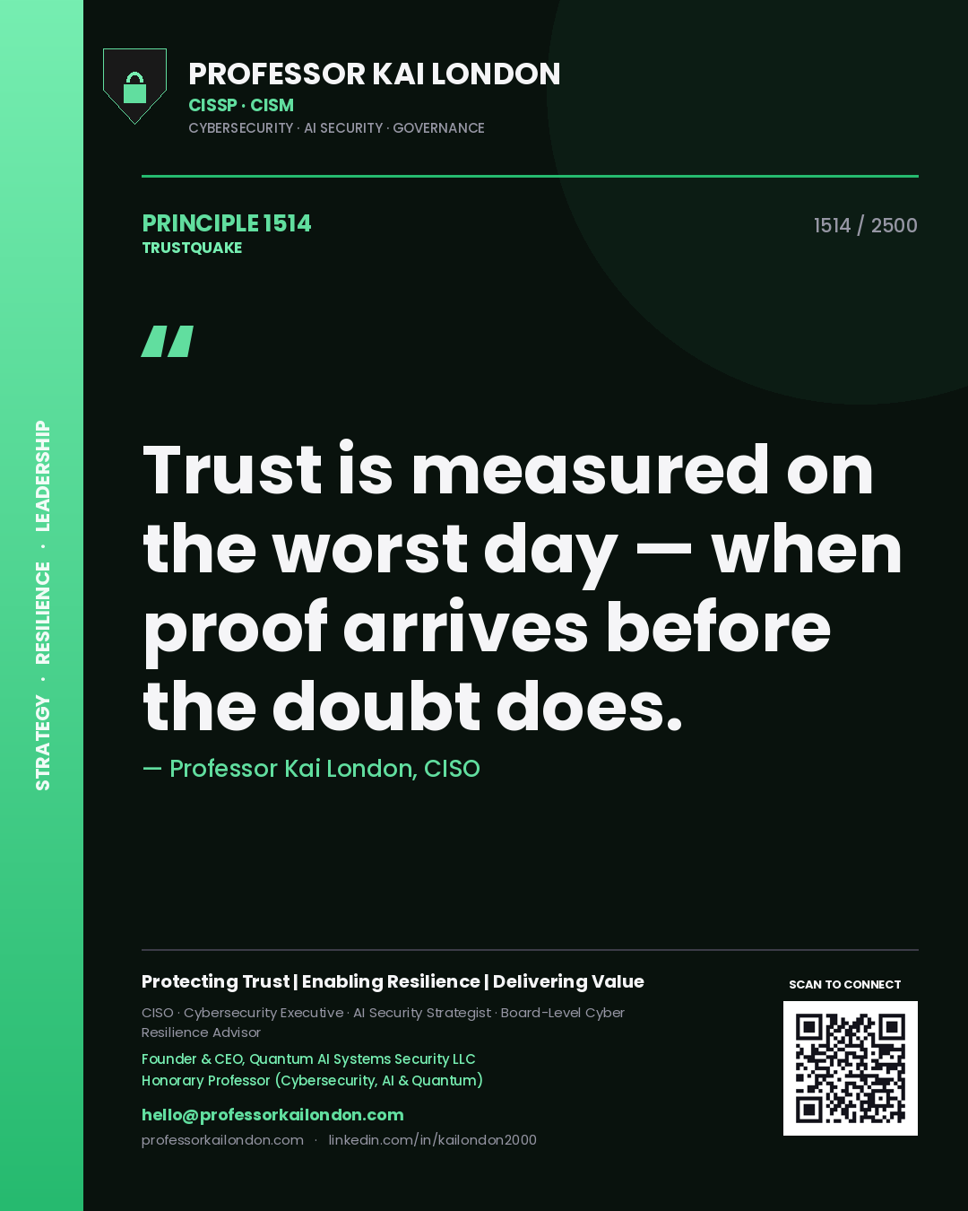Professor Kai London principle 1514: Trust is measured on the worst day — when proof arrives before the doubt does.