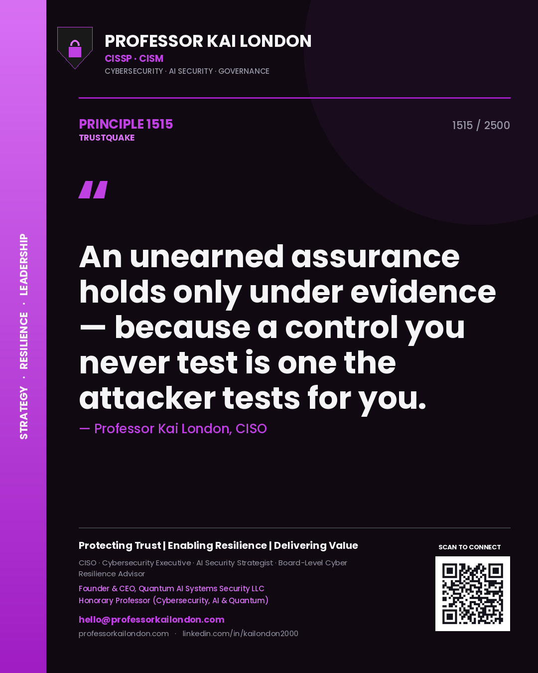 Professor Kai London principle 1515: An unearned assurance holds only under evidence — because a control you never test is one the attacker tests for you.