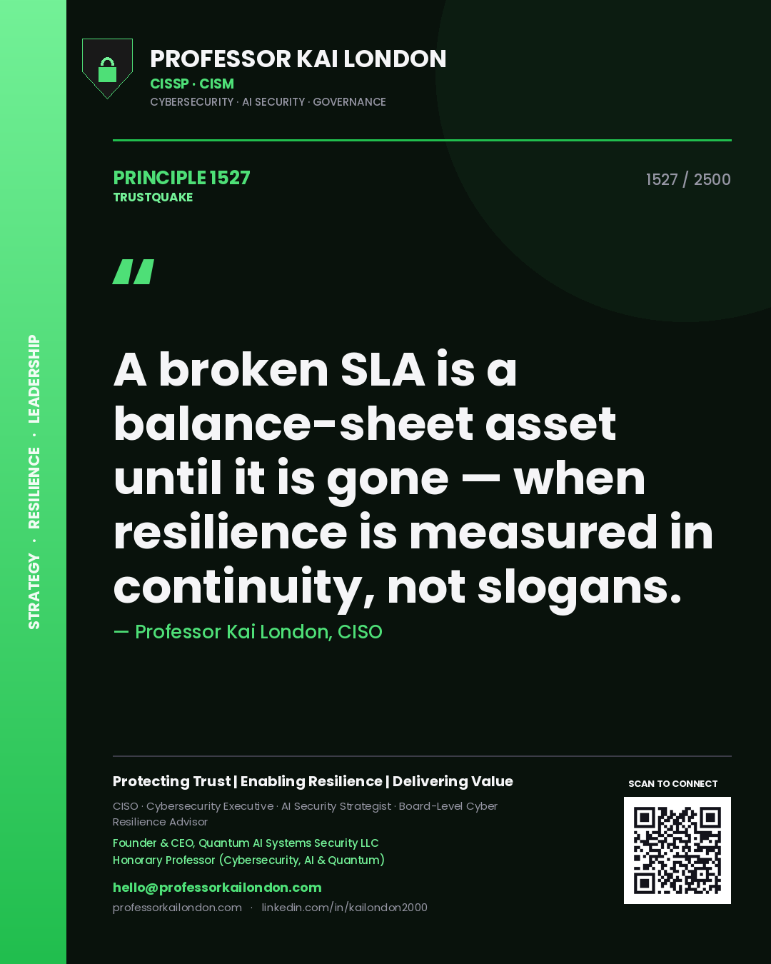 Professor Kai London principle 1527: A broken SLA is a balance-sheet asset until it is gone — when resilience is measured in continuity, not slogans.