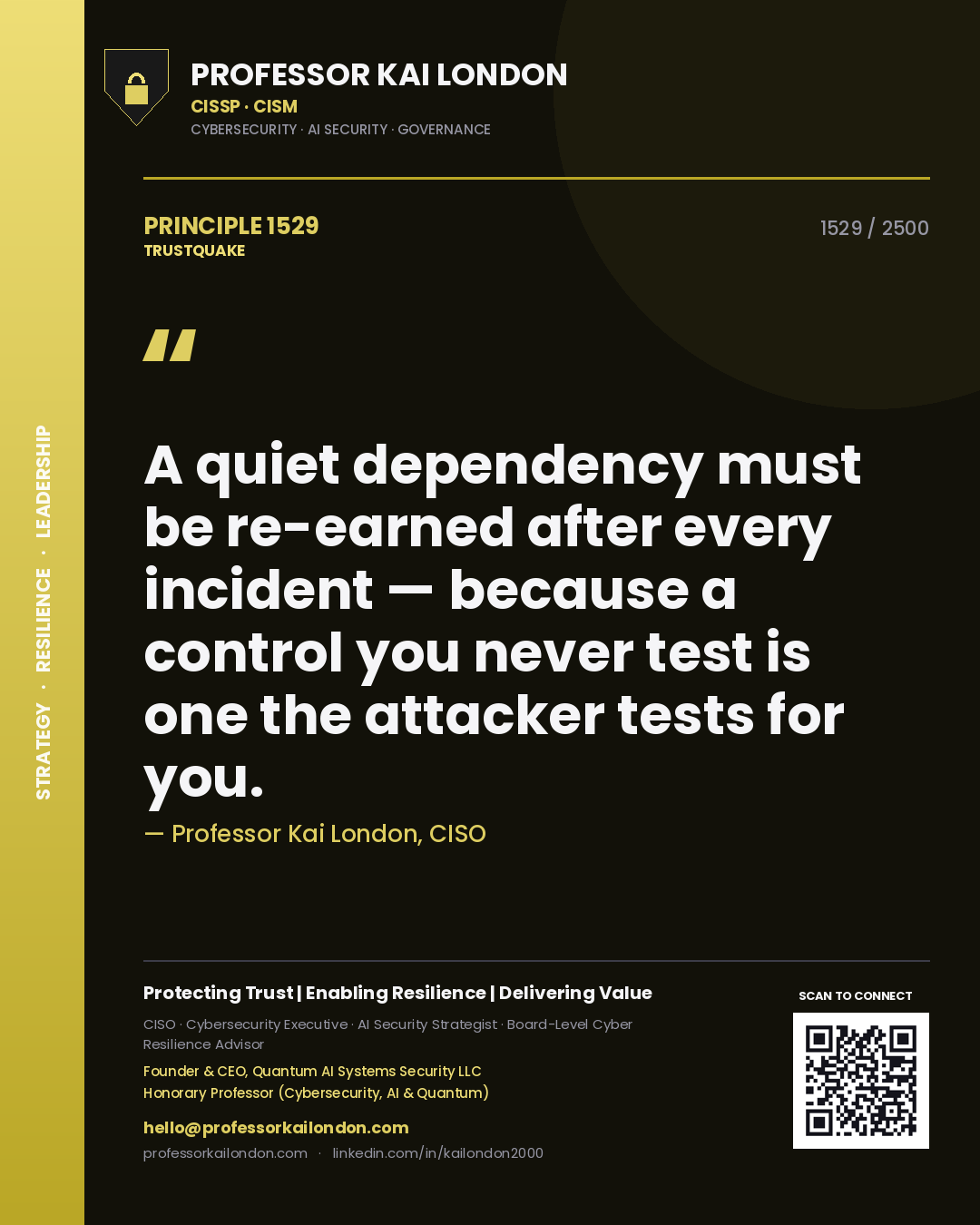 Professor Kai London principle 1529: A quiet dependency must be re-earned after every incident — because a control you never test is one the attacker tests for you.