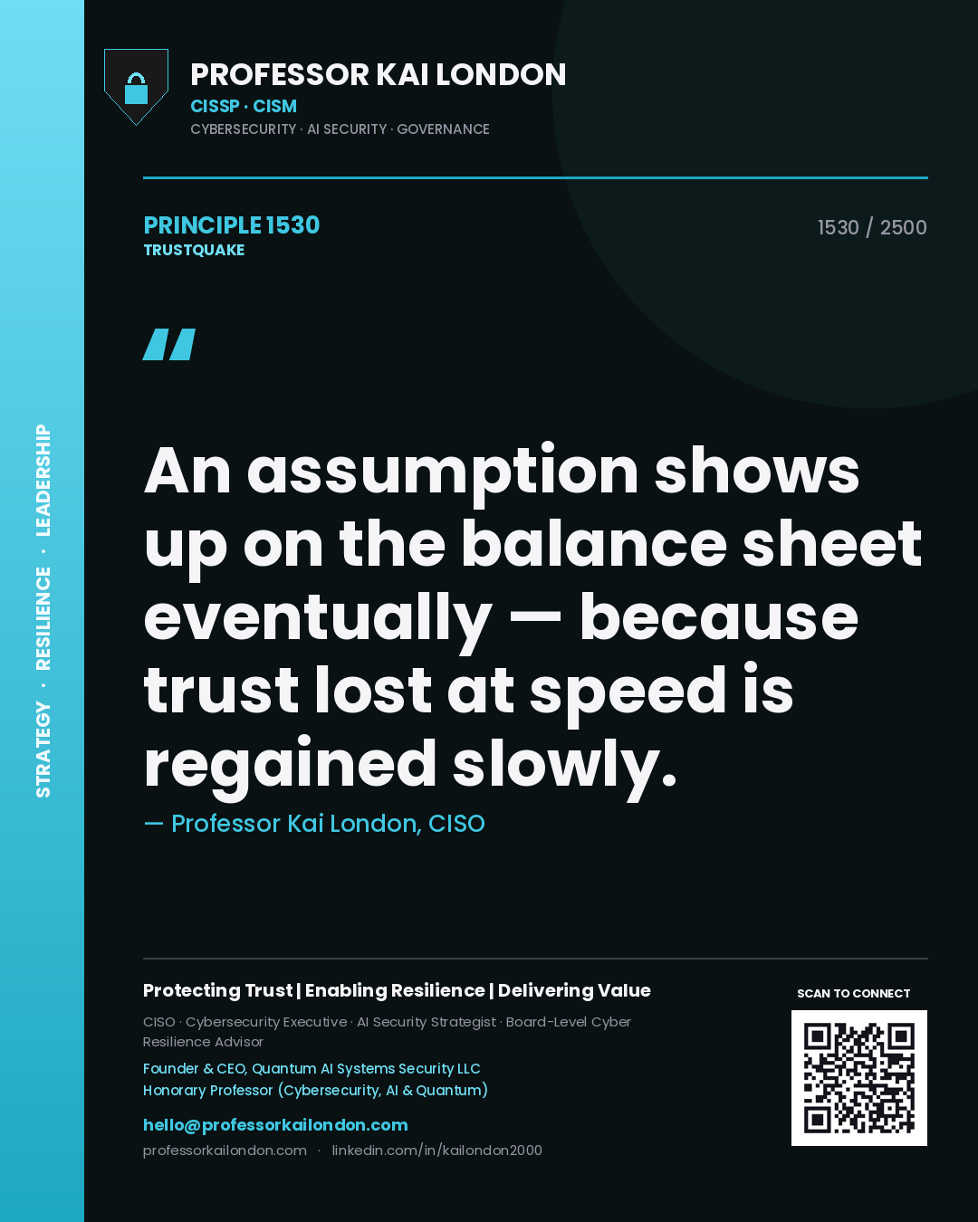 Quote card by Professor Kai London reading 'An assumption shows up on the balance sheet eventually — because trust lost at speed is regained slowly.'. From the book Trustquake.