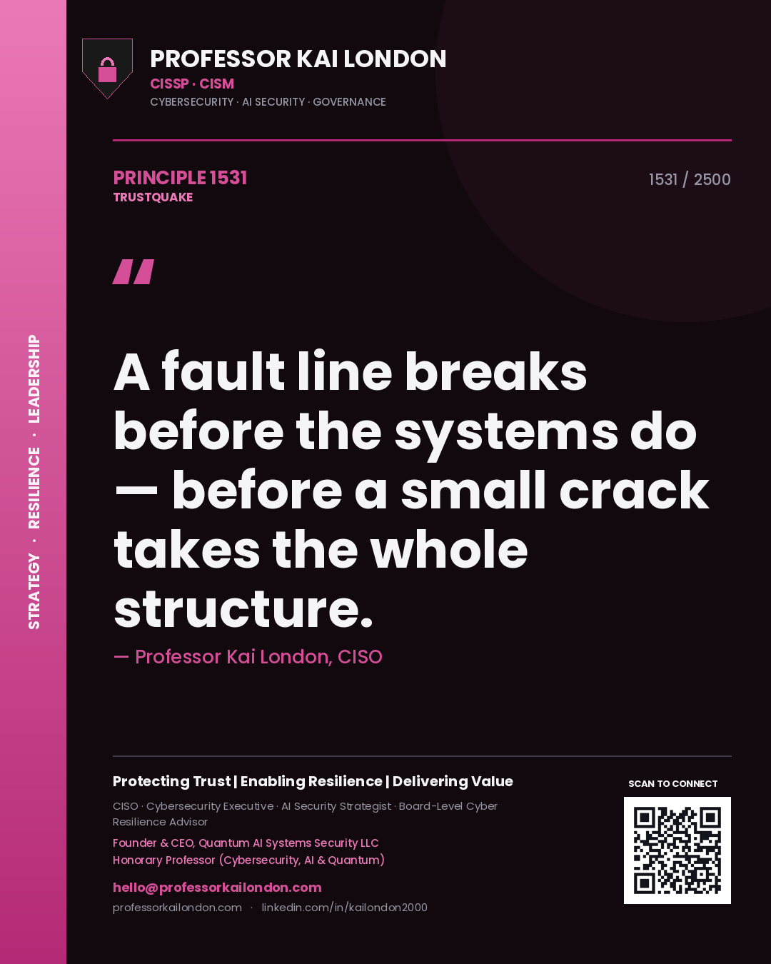 Quote card by Professor Kai London reading 'A fault line breaks before the systems do — before a small crack takes the whole structure.'. From the book Trustquake.