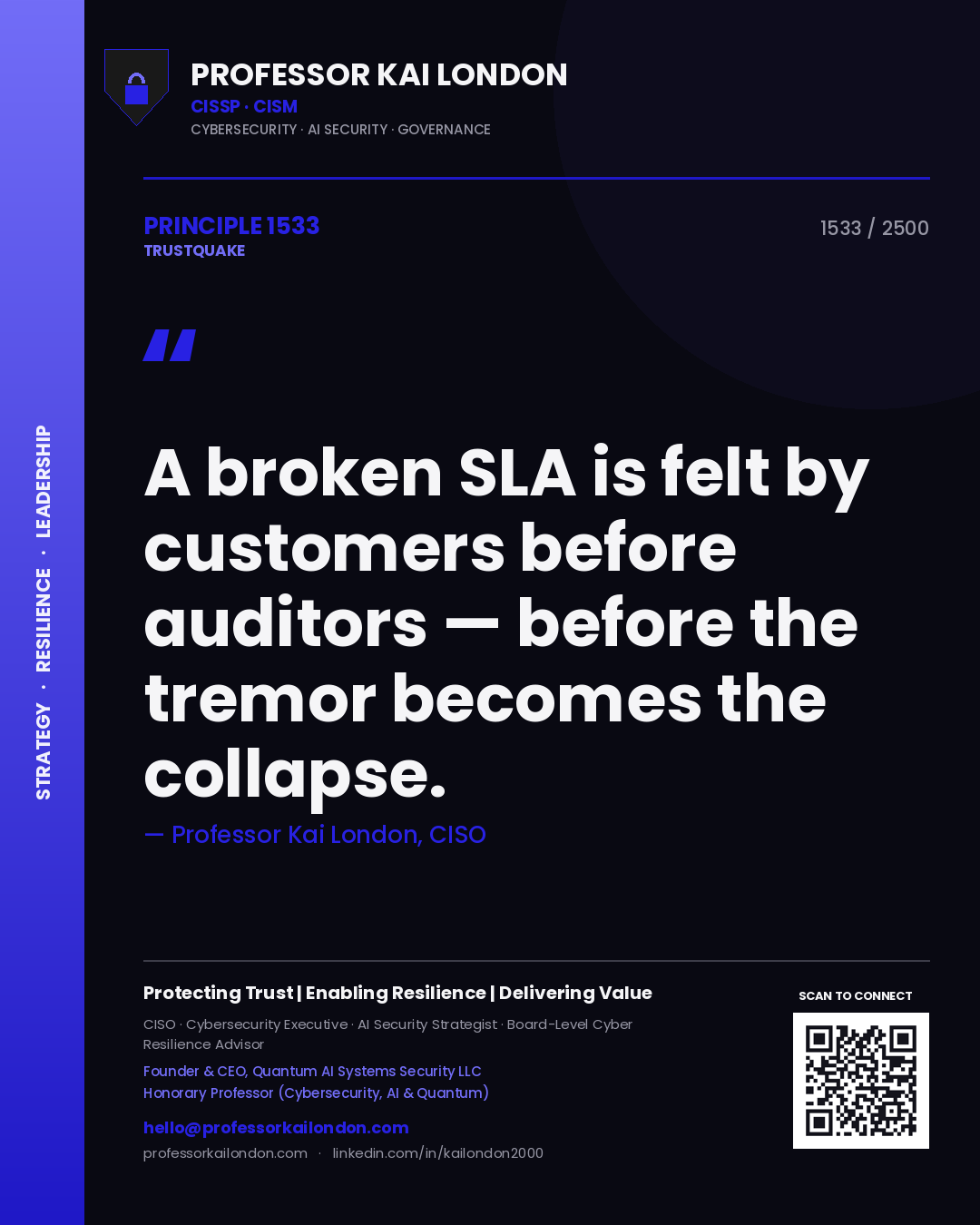 Professor Kai London principle 1533: A broken SLA is felt by customers before auditors — before the tremor becomes the collapse.