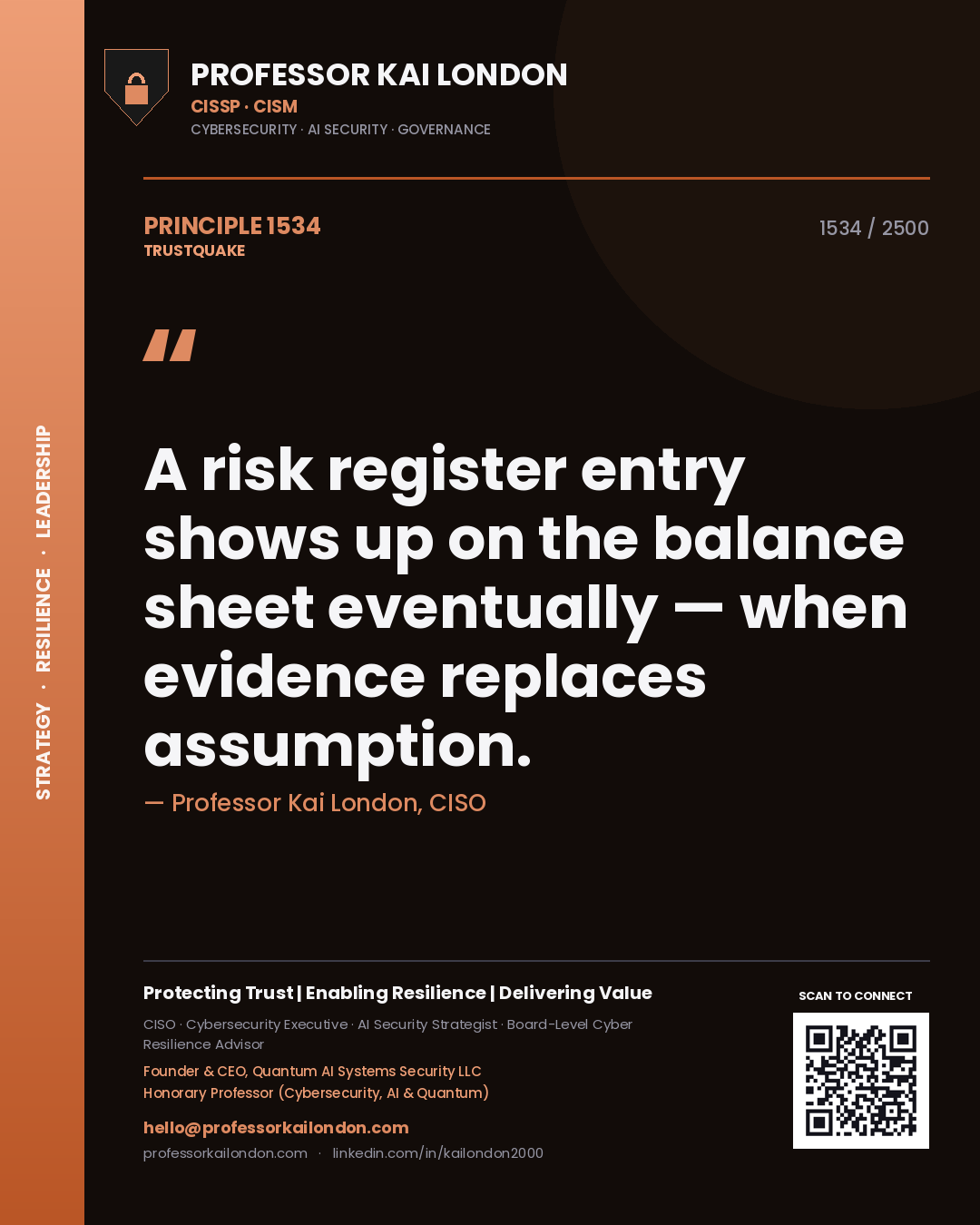 Quote card by Professor Kai London reading 'A risk register entry shows up on the balance sheet eventually — when evidence replaces assumption.'. From the book Trustquake.