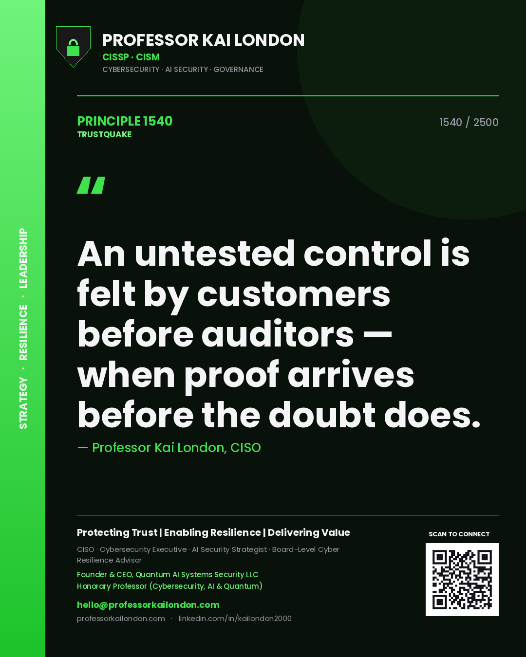 Professor Kai London principle 1540: An untested control is felt by customers before auditors — when proof arrives before the doubt does.