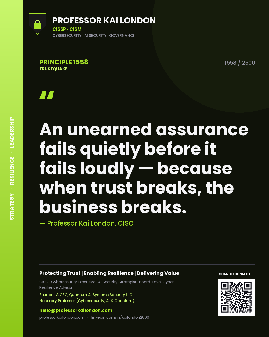 Quote card by Professor Kai London reading 'An unearned assurance fails quietly before it fails loudly — because when trust breaks, the business breaks.'. From the book Trustquake.