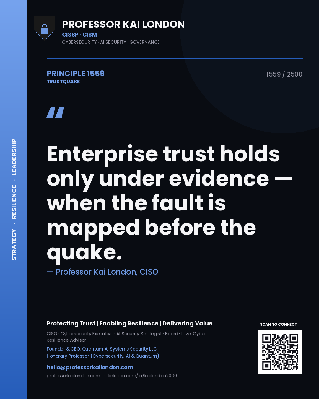 Quote card by Professor Kai London reading 'Enterprise trust holds only under evidence — when the fault is mapped before the quake.'. From the book Trustquake.