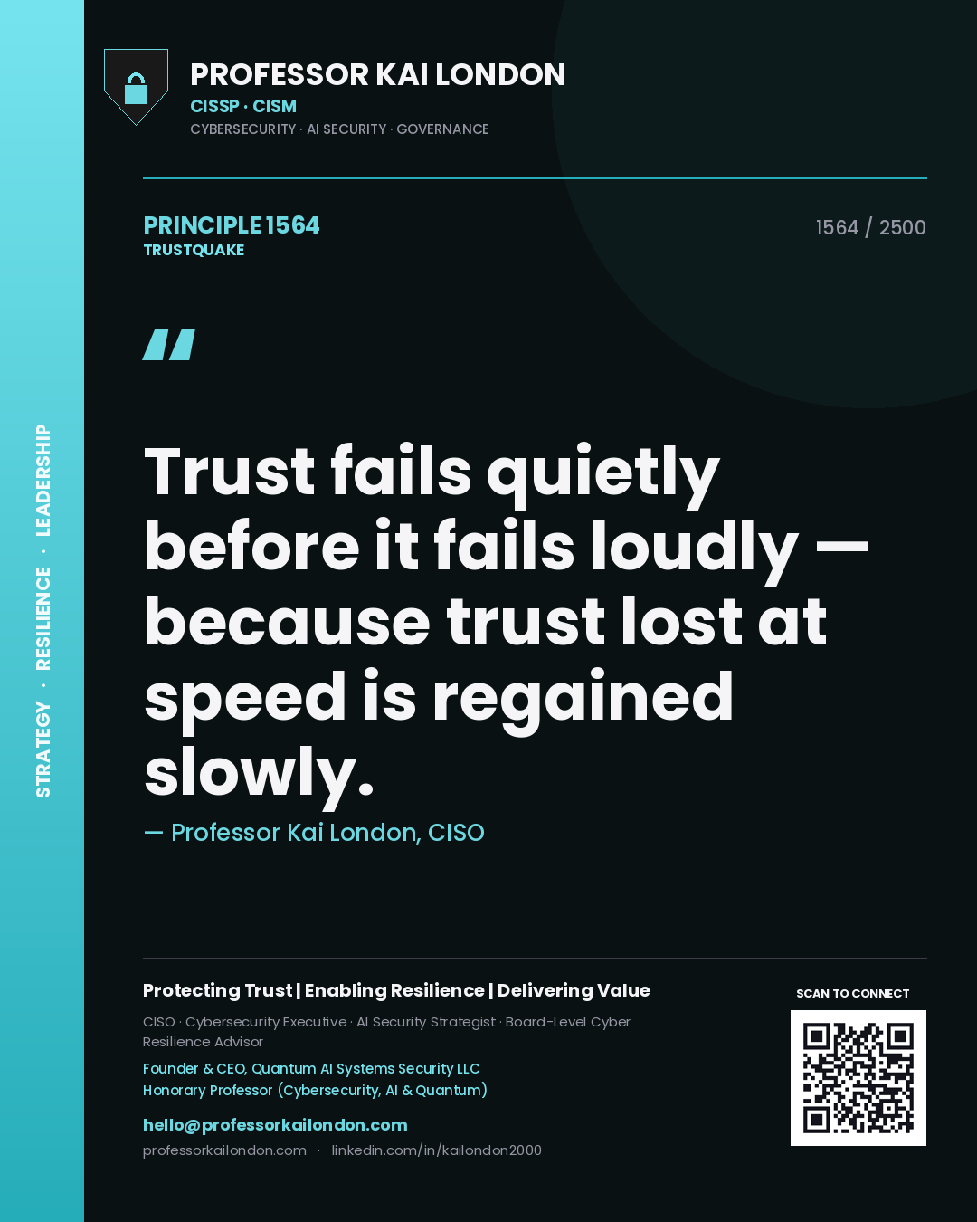 Quote card by Professor Kai London reading 'Trust fails quietly before it fails loudly — because trust lost at speed is regained slowly.'. From the book Trustquake.