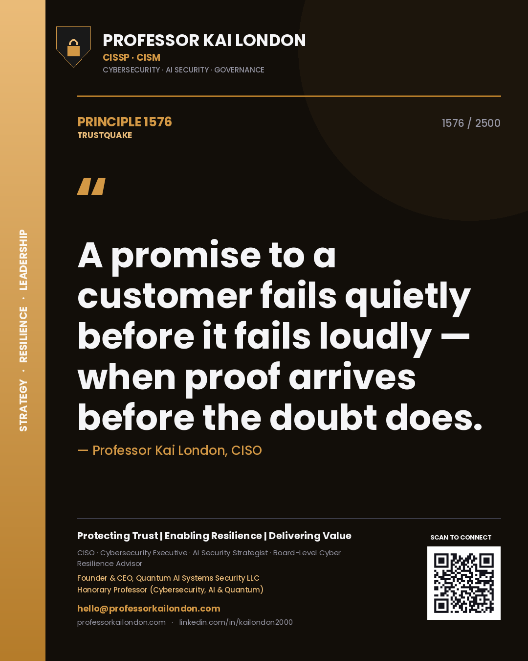 Professor Kai London principle 1576: A promise to a customer fails quietly before it fails loudly — when proof arrives before the doubt does.