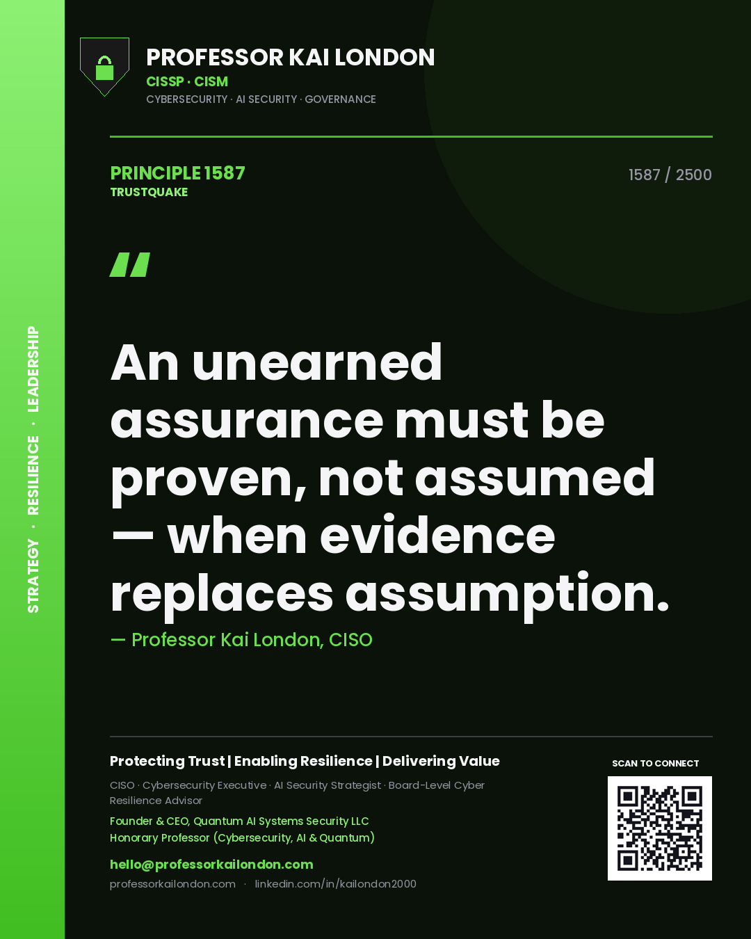 Quote card by Professor Kai London reading 'An unearned assurance must be proven, not assumed — when evidence replaces assumption.'. From the book Trustquake.