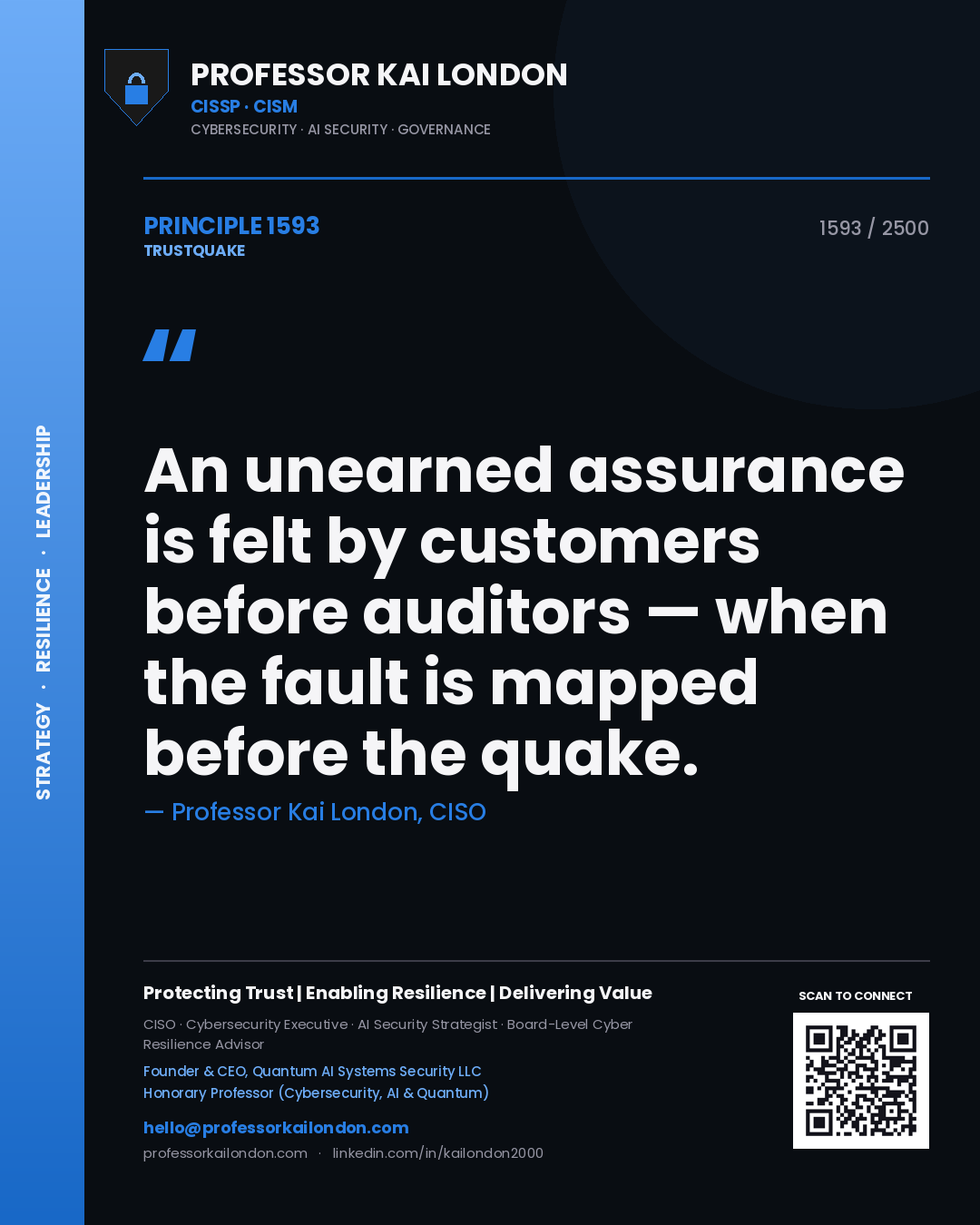Quote card by Professor Kai London reading 'An unearned assurance is felt by customers before auditors — when the fault is mapped before the quake.'. From the book Trustquake.