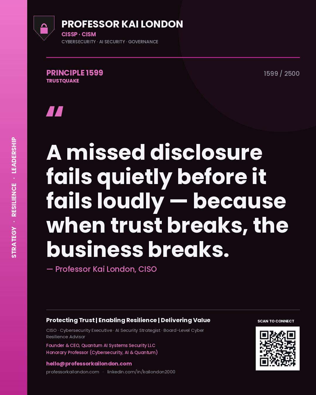 Quote card by Professor Kai London reading 'A missed disclosure fails quietly before it fails loudly — because when trust breaks, the business breaks.'. From the book Trustquake.