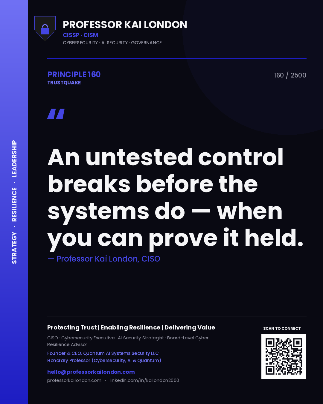 Professor Kai London principle 160: An untested control breaks before the systems do — when you can prove it held.