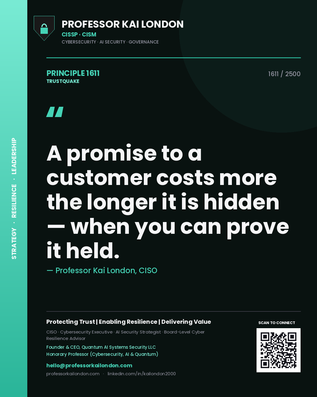Quote card by Professor Kai London reading 'A promise to a customer costs more the longer it is hidden — when you can prove it held.'. From the book Trustquake.