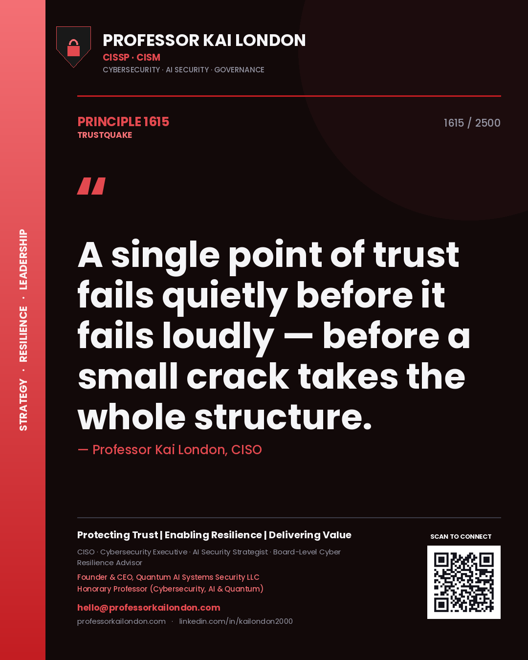 Quote card by Professor Kai London reading 'A single point of trust fails quietly before it fails loudly — before a small crack takes the whole structure.'. From the book Trustquake.