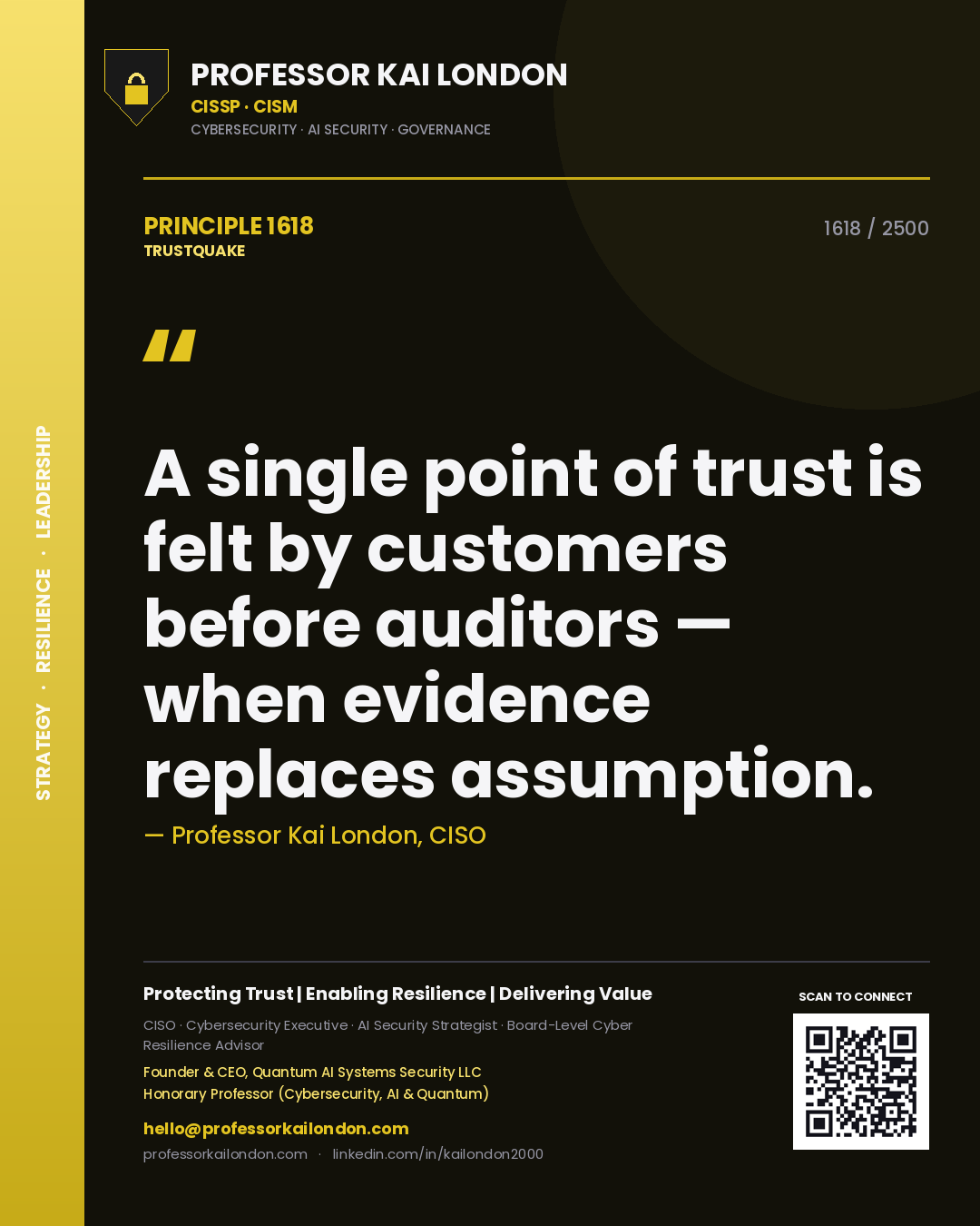 Quote card by Professor Kai London reading 'A single point of trust is felt by customers before auditors — when evidence replaces assumption.'. From the book Trustquake.