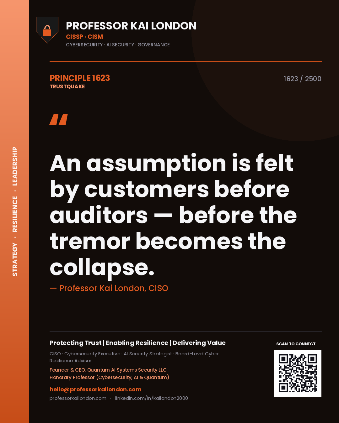 Quote card by Professor Kai London reading 'An assumption is felt by customers before auditors — before the tremor becomes the collapse.'. From the book Trustquake.