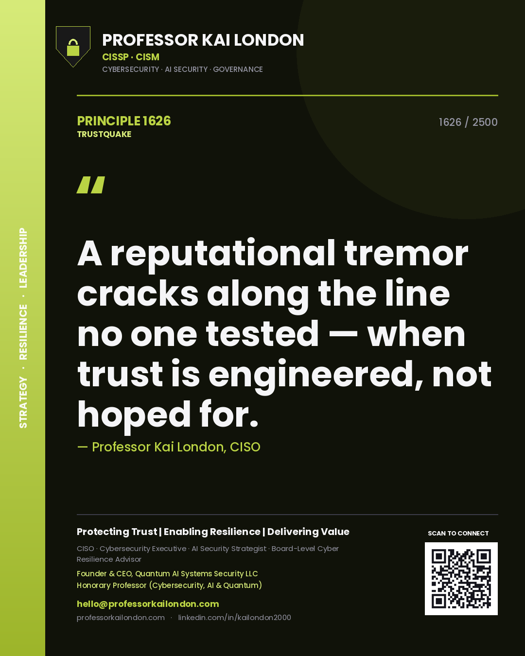 Quote card by Professor Kai London reading 'A reputational tremor cracks along the line no one tested — when trust is engineered, not hoped for.'. From the book Trustquake.