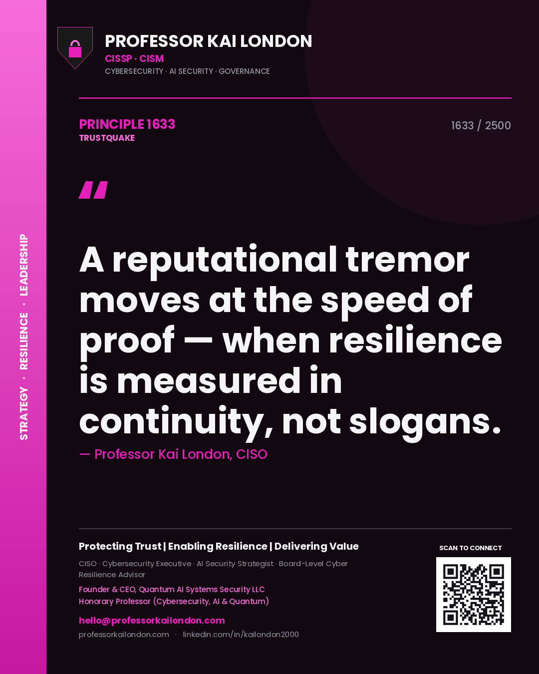 Quote card by Professor Kai London reading 'A reputational tremor moves at the speed of proof — when resilience is measured in continuity, not slogans.'. From the book Trustquake.