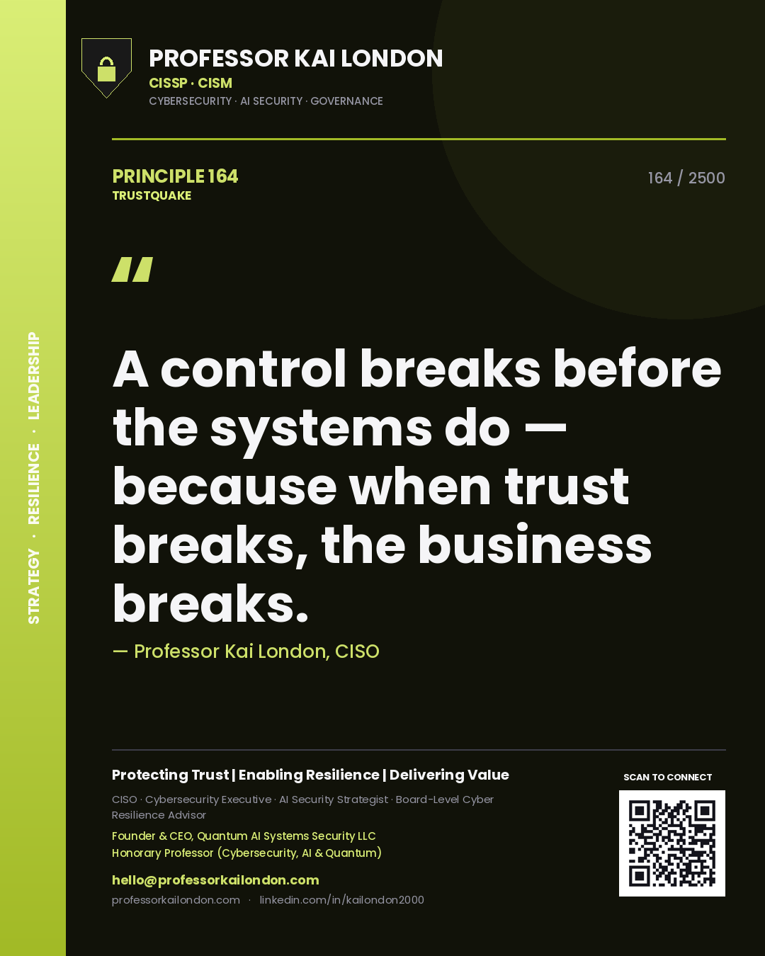 Quote card by Professor Kai London reading 'A control breaks before the systems do — because when trust breaks, the business breaks.'. From the book Trustquake.