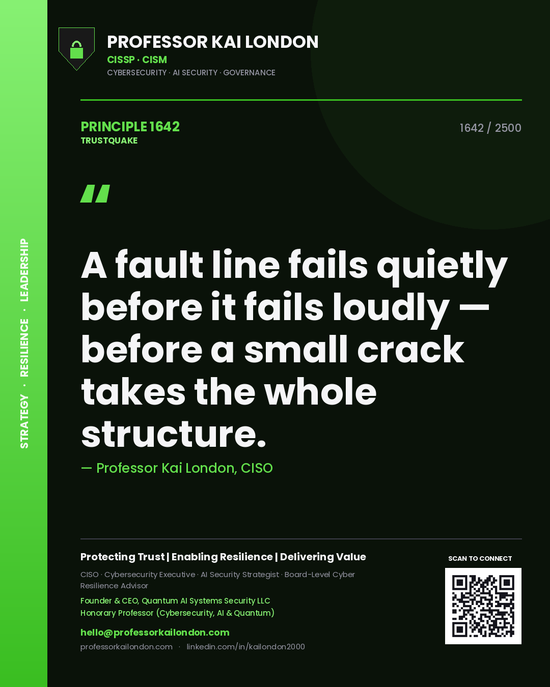Quote card by Professor Kai London reading 'A fault line fails quietly before it fails loudly — before a small crack takes the whole structure.'. From the book Trustquake.