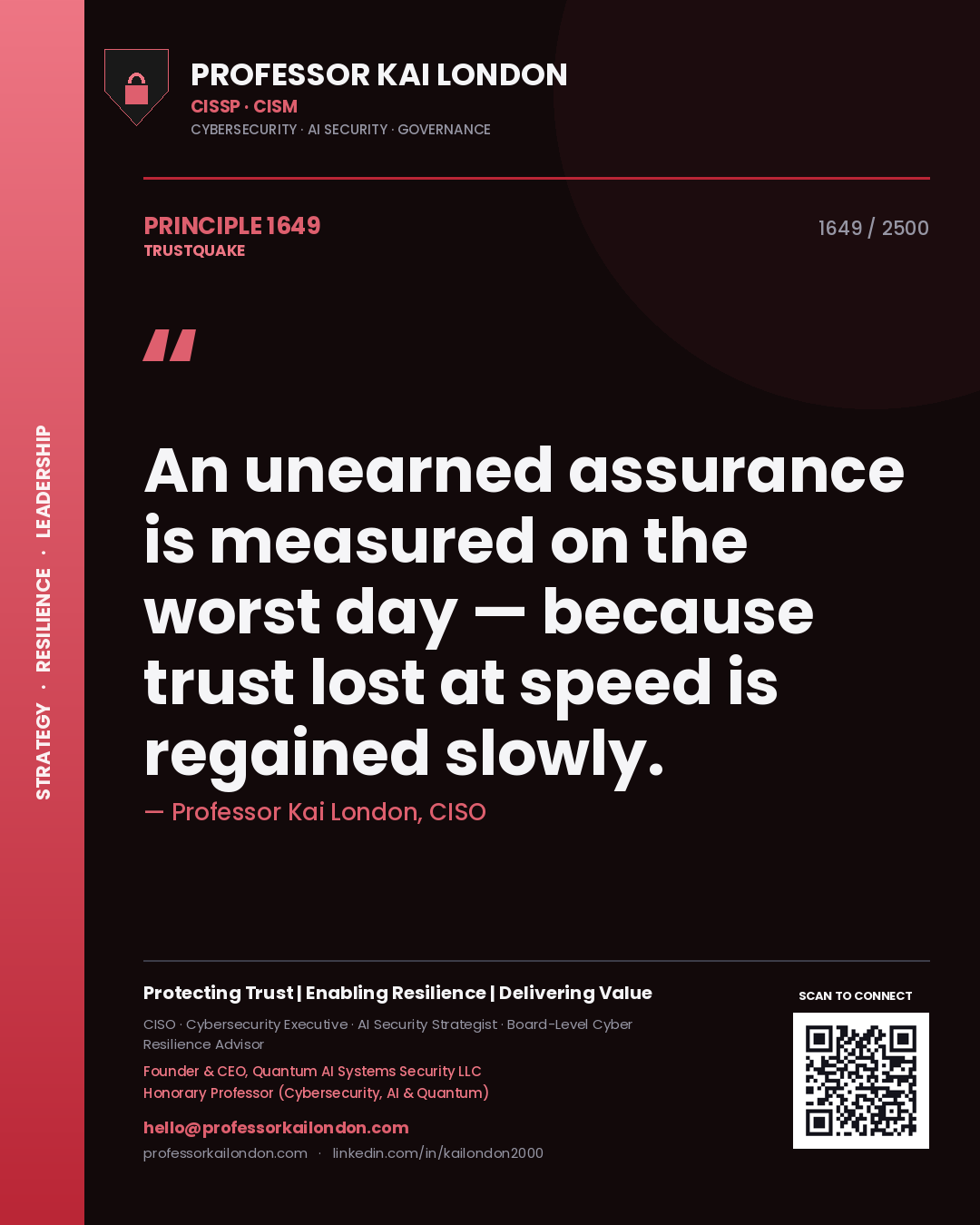 Quote card by Professor Kai London reading 'An unearned assurance is measured on the worst day — because trust lost at speed is regained slowly.'. From the book Trustquake.
