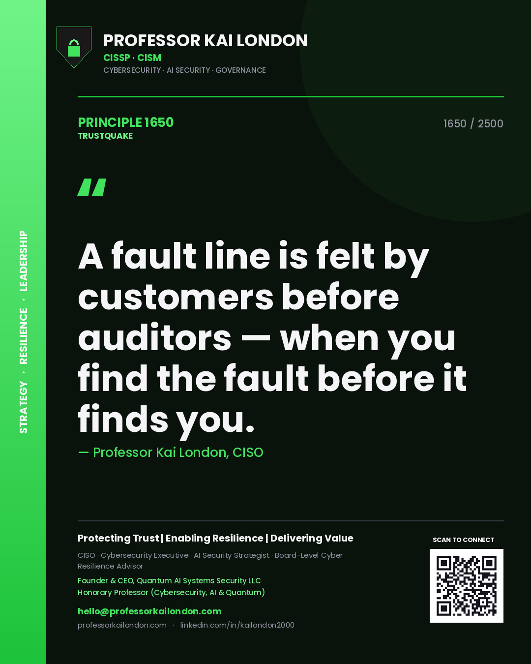 Quote card by Professor Kai London reading 'A fault line is felt by customers before auditors — when you find the fault before it finds you.'. From the book Trustquake.