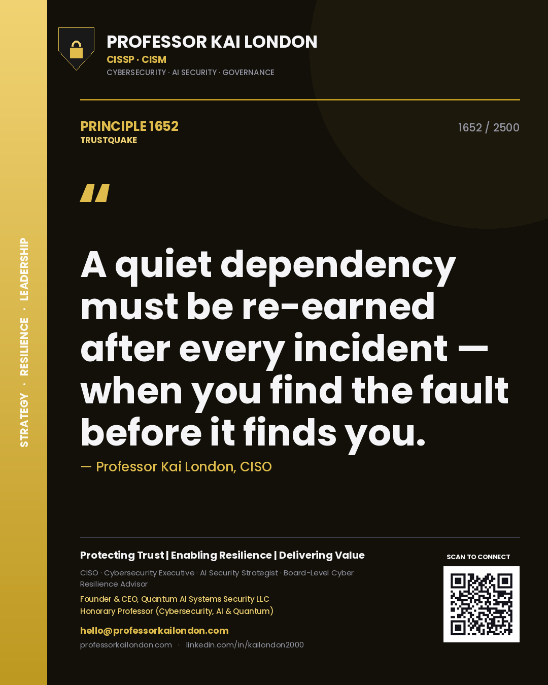 Quote card by Professor Kai London reading 'A quiet dependency must be re-earned after every incident — when you find the fault before it finds you.'. From the book Trustquake.