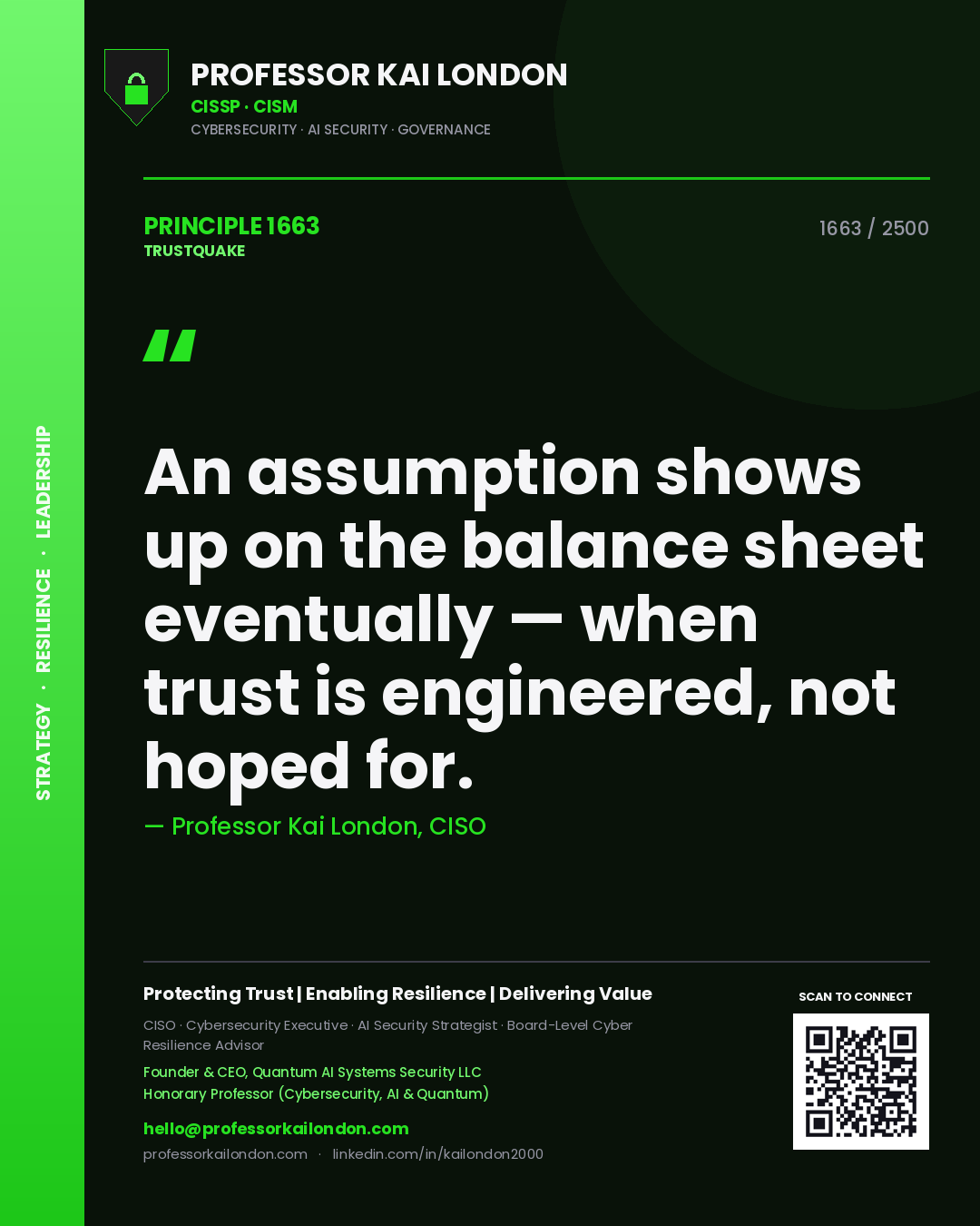 Quote card by Professor Kai London reading 'An assumption shows up on the balance sheet eventually — when trust is engineered, not hoped for.'. From the book Trustquake.
