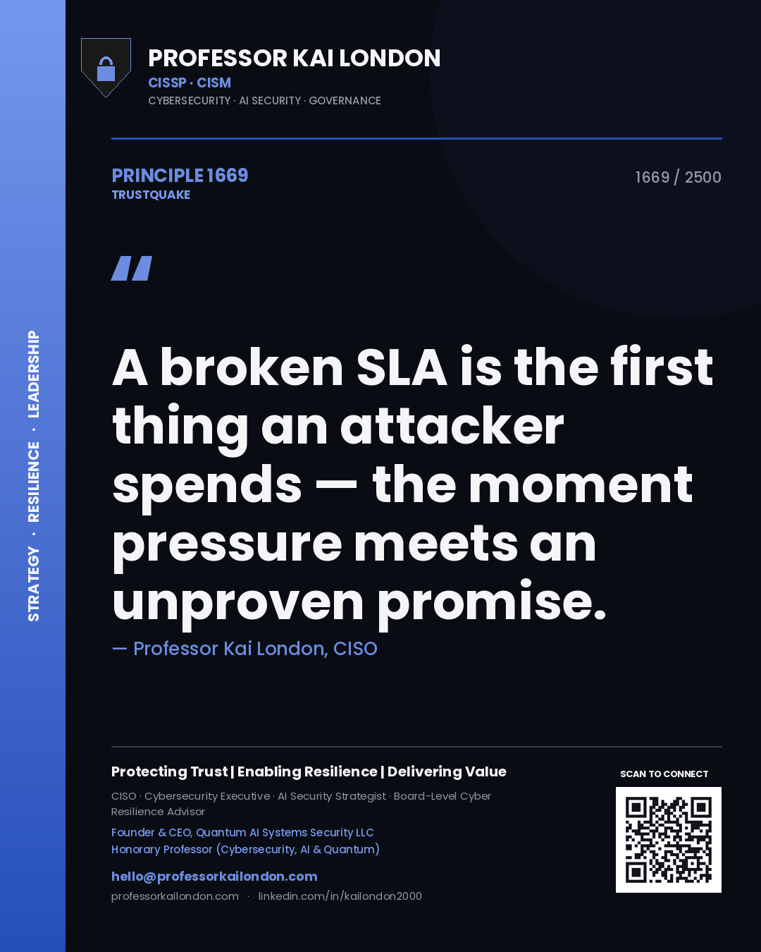 Quote card by Professor Kai London reading 'A broken SLA is the first thing an attacker spends — the moment pressure meets an unproven promise.'. From the book Trustquake.