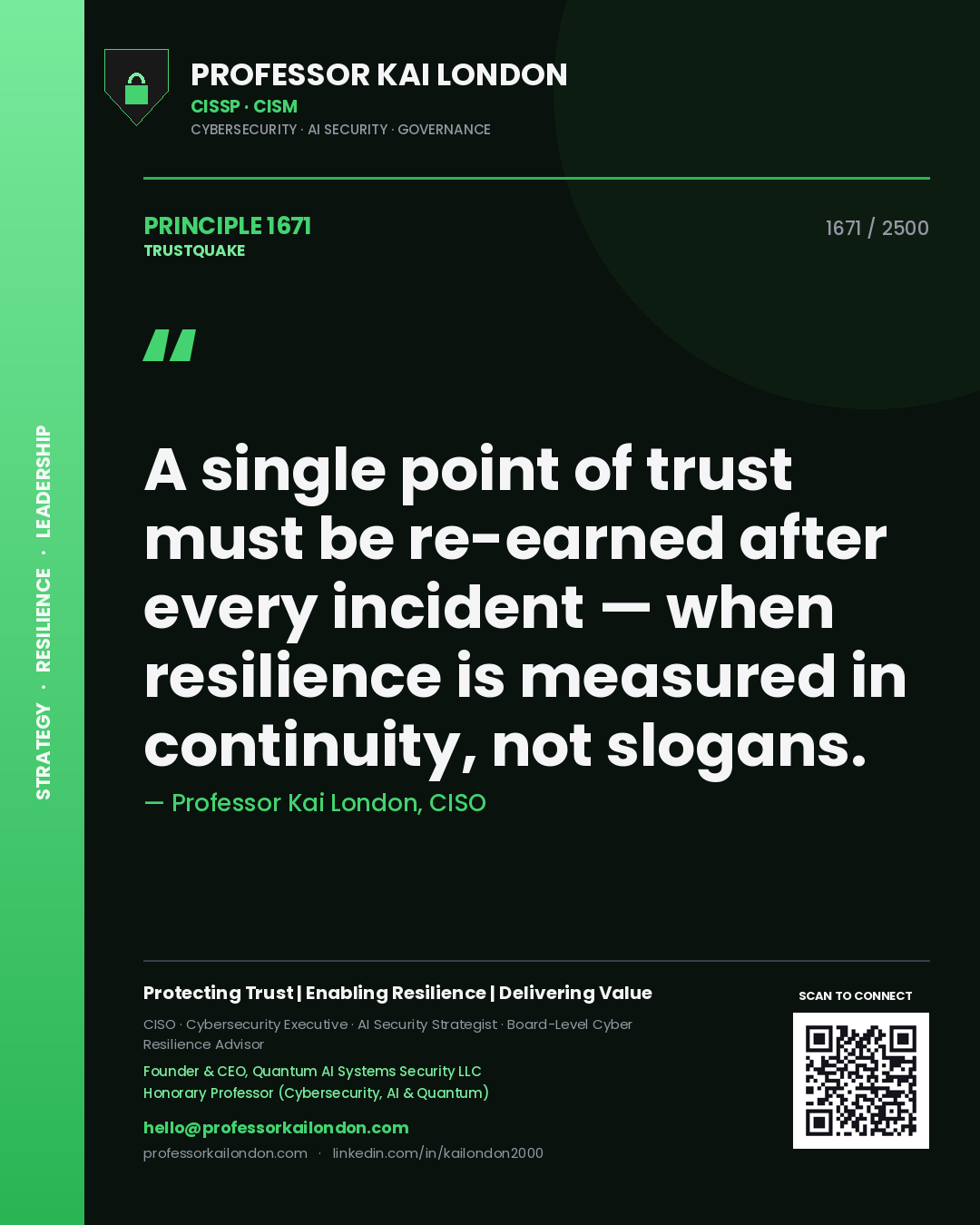 Quote card by Professor Kai London reading 'A single point of trust must be re-earned after every incident — when resilience is measured in continuity, not slogans.'. From the book Trustquake.