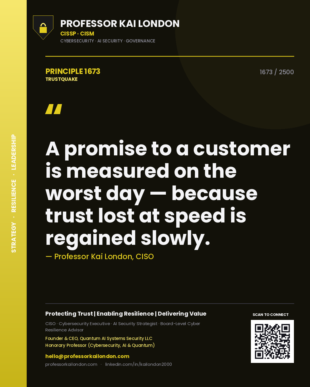 Quote card by Professor Kai London reading 'A promise to a customer is measured on the worst day — because trust lost at speed is regained slowly.'. From the book Trustquake.