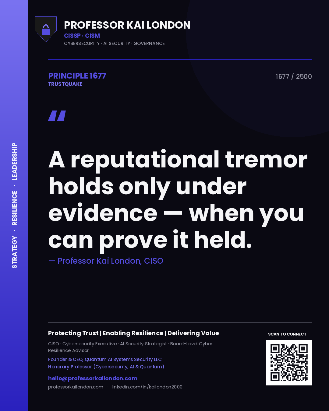 Quote card by Professor Kai London reading 'A reputational tremor holds only under evidence — when you can prove it held.'. From the book Trustquake.