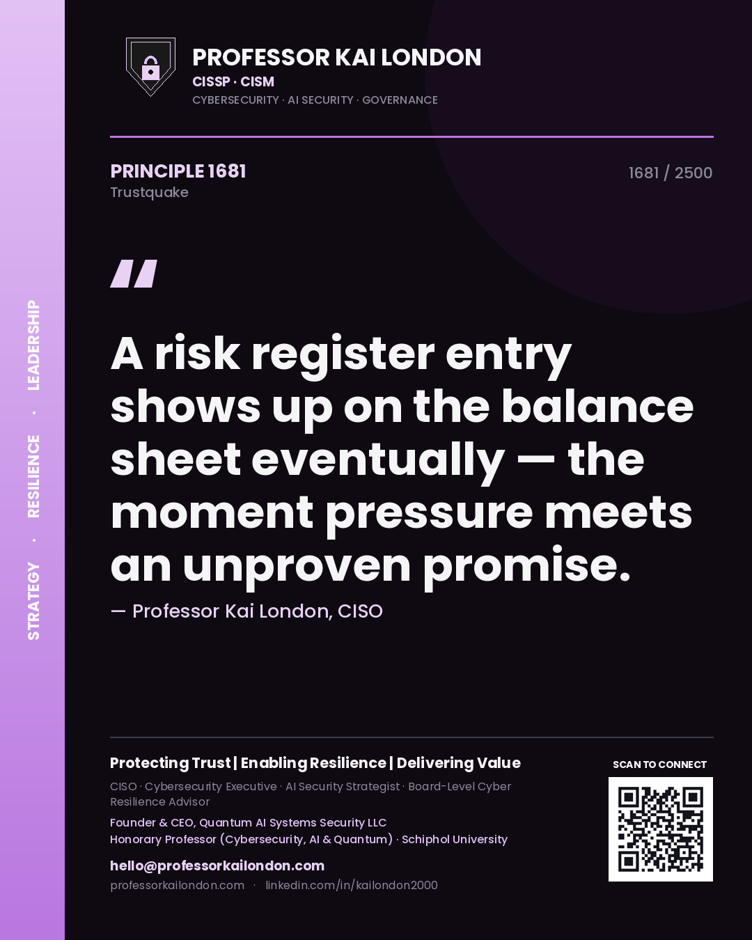Quote card by Professor Kai London reading 'A risk register entry shows up on the balance sheet eventually — the moment pressure meets an unproven promise.'. From the book Trustquake.